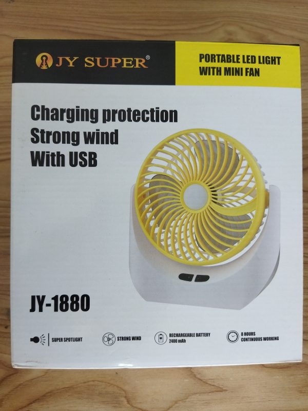 JY SUPER JY-1880 – Rechargeable Mini Table Fan with LED Light.